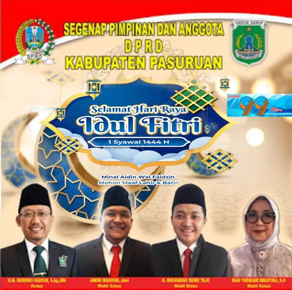 Segenap Pimpinan dan Anggota DPRD Kabupaten Pasuruan Mengucapkan Selamat Hari Raya Idul Fitri 1444 H. Mohon maaf Lahir & Batin