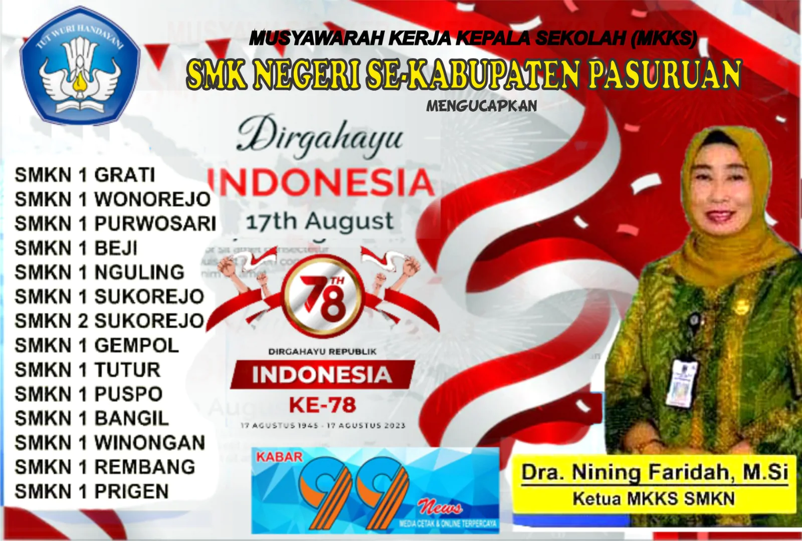 Musyawarah Kerja Kepala Sekolah (MKKS) SMK Negeri Sekabupaten Pasuruan Mengucapkan Dirgahayu Kemerdekaan Republik Indonesia Ke-78 Tahun 2023 ” TERUS MELAJU UNTUK INDONESIA MAJU “