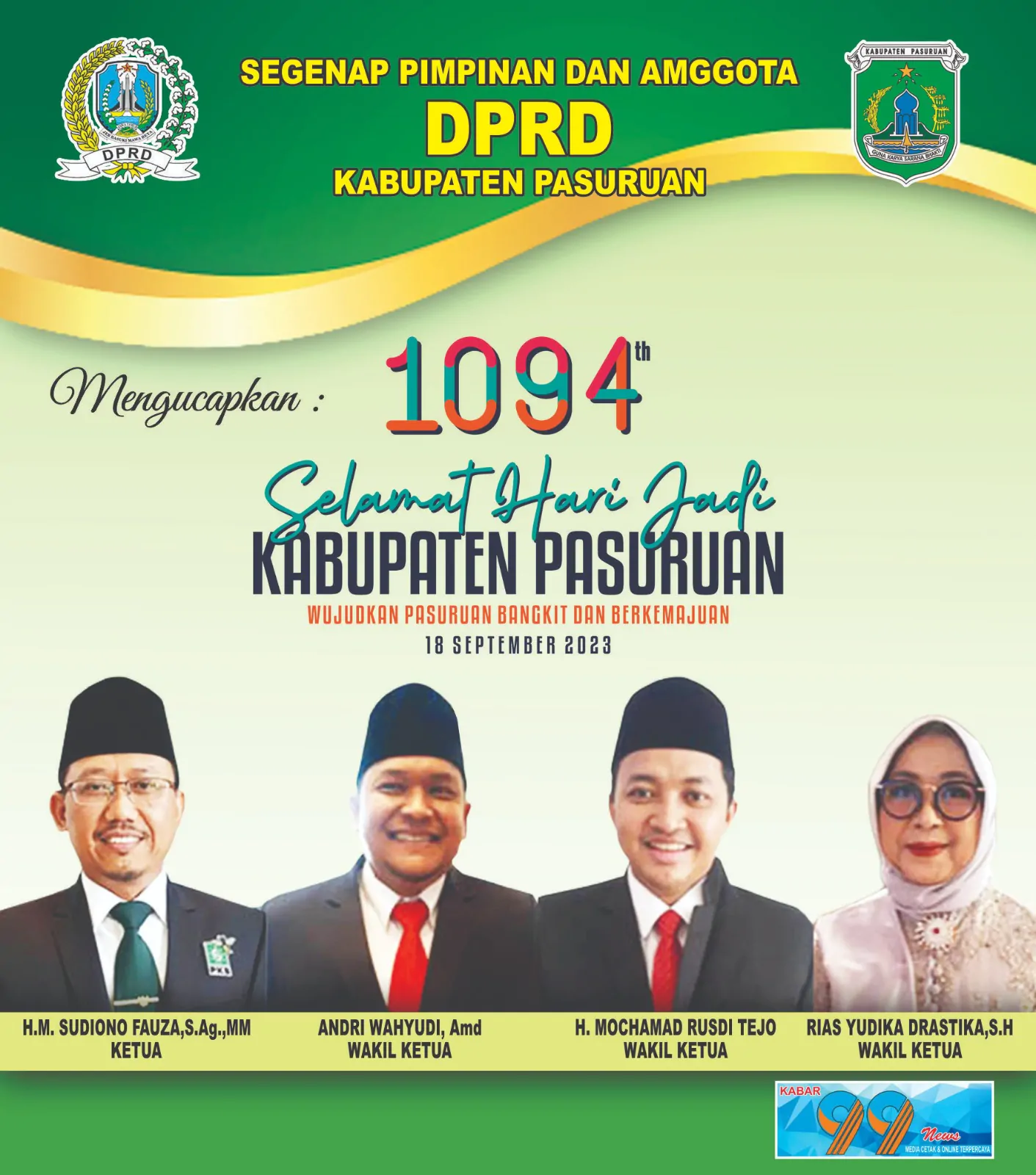 Segenap Pimpinan Dan Anggota DPRD Kabupaten Pasuruan Mengucapkan Selamat Hari Jadi Kabupaten Pasuruan Ke-1094, 18 September 2023