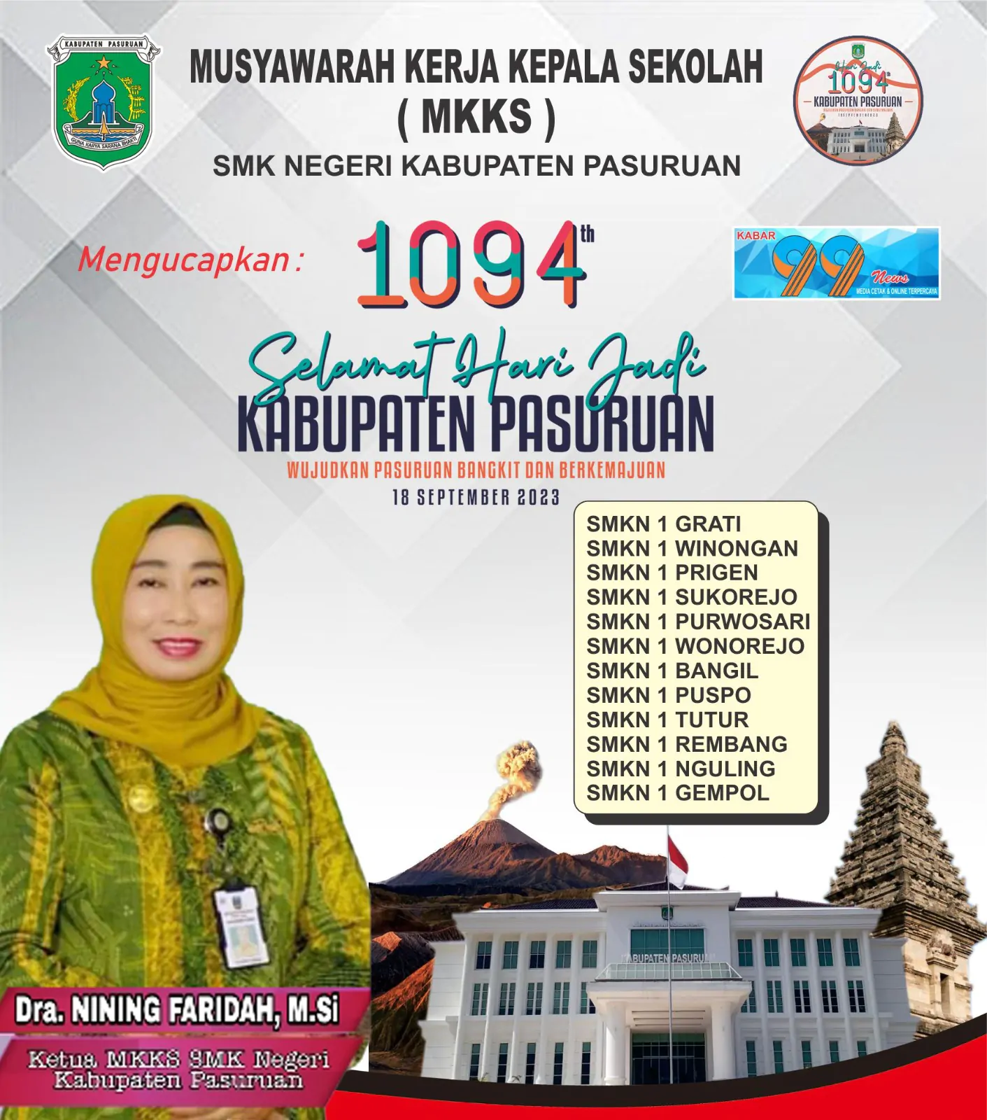 Musyawarah Kerja Kepala Sekolah (MKKS) SMK Negeri Kabupaten Pasuruan Mengucapkan Selamat Hari Jadi Kabupaten Pasuruan Ke-1094, 18 september 2023
