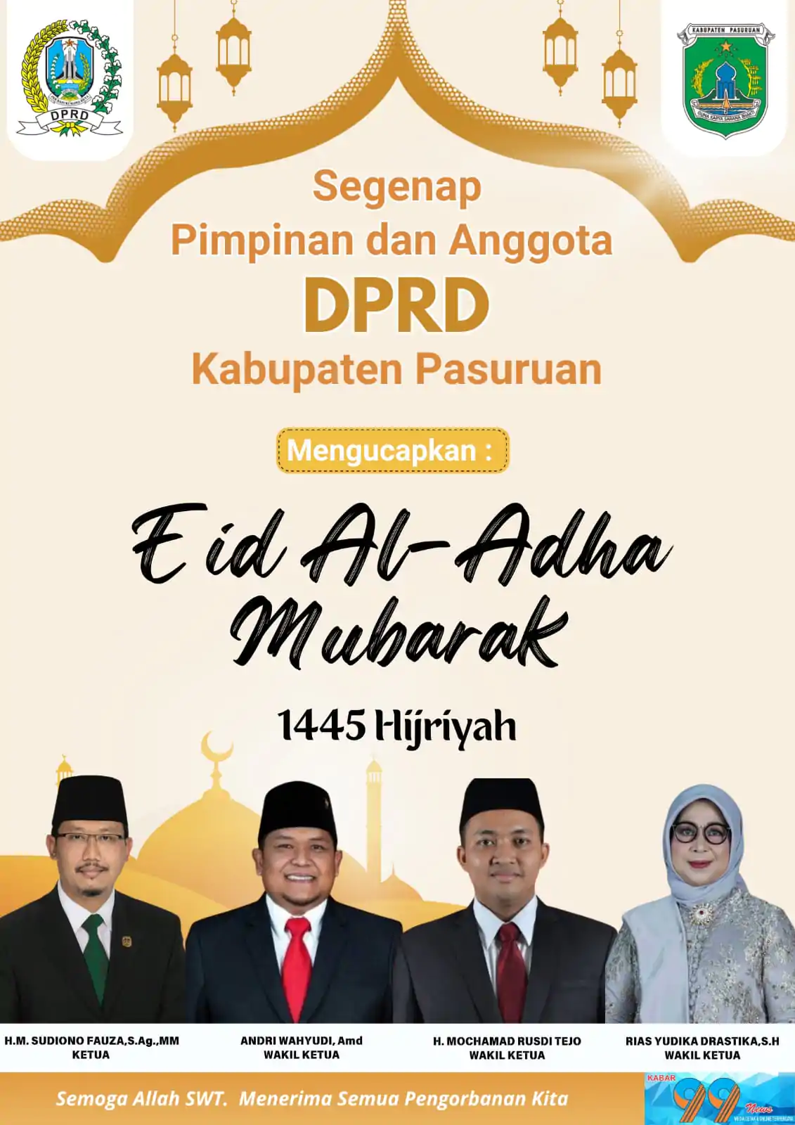 Segenap Pimpinan Dan Anggota DPRD Kabupaten Pasuruan Mengucapkan “SELAMAT HARI RAYA IDUL ADHA ” 10 Dzulhijjah 1445/ 2024 M