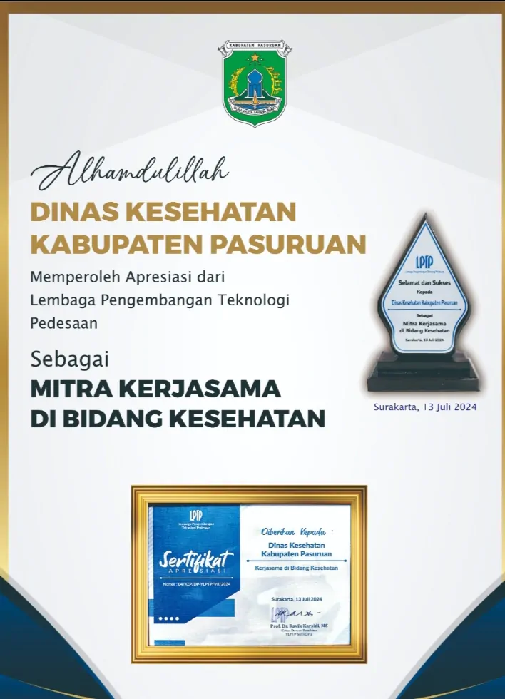 Dinas Kesehatan Kabupaten Pasuruan Memperoleh Apresiasi Dari lembaga Pengembangan Tehnologi Pedesaan.