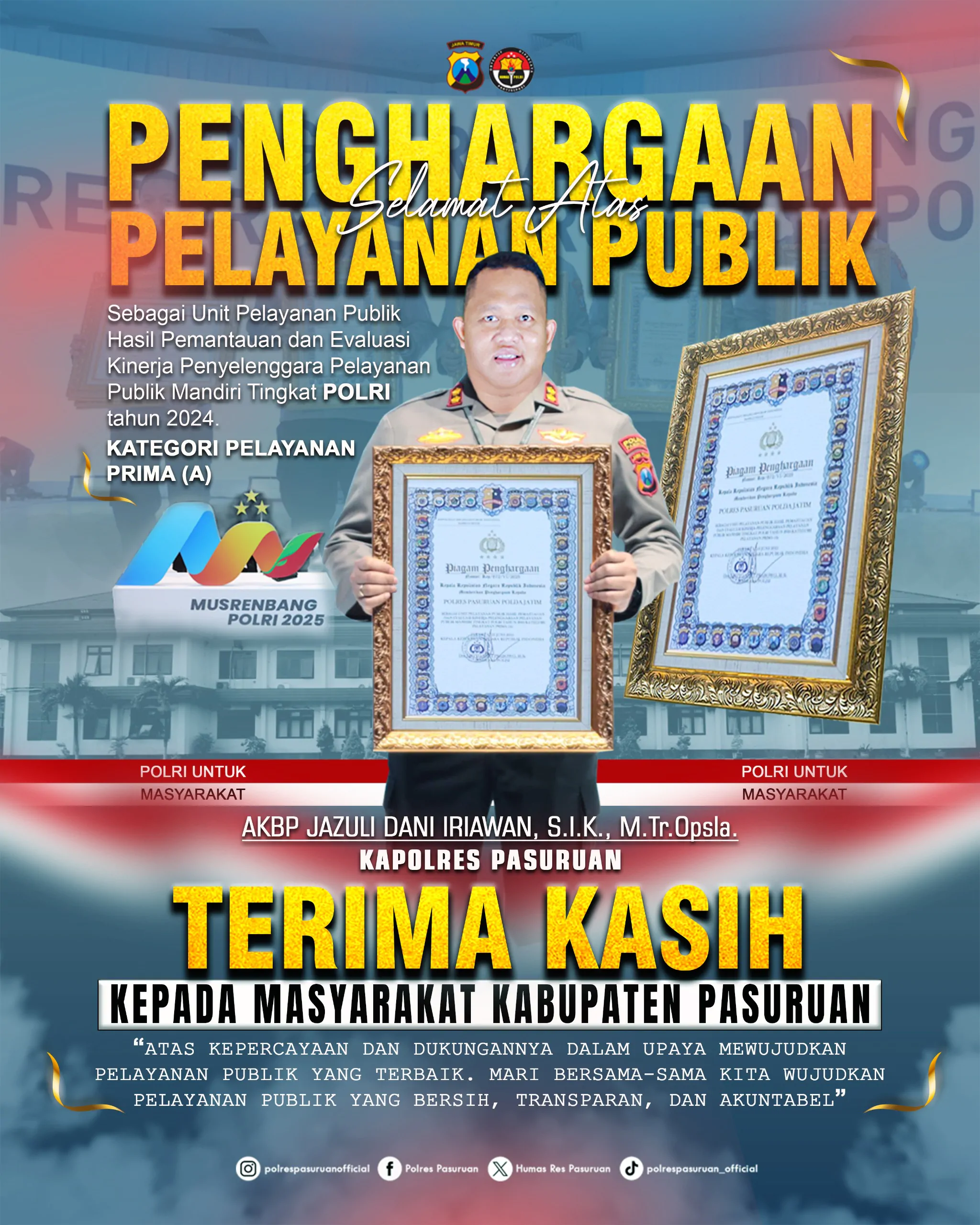 Polres Pasuruan Raih Penghargaan Pelayanan Prima di Ajang Musrenbang Polri 2025